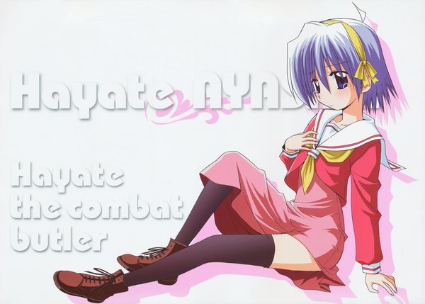 Anime picture 4789x3432 with hayate no gotoku! ayasaki hayate hata kenjirou single highres short hair simple background sitting blue hair scan tears otoko no ko crossdress thighhighs boy serafuku hairband