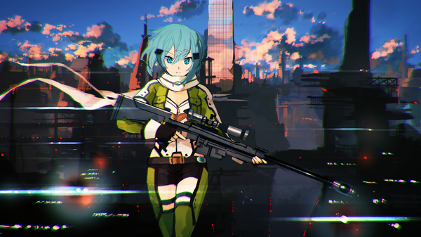 Anime picture 2560x1440 with sword art online a-1 pictures asada shino jean popo single looking at viewer highres short hair blue eyes wide image blue hair sky cloud (clouds) wallpaper city girl hair ornament weapon jacket shorts