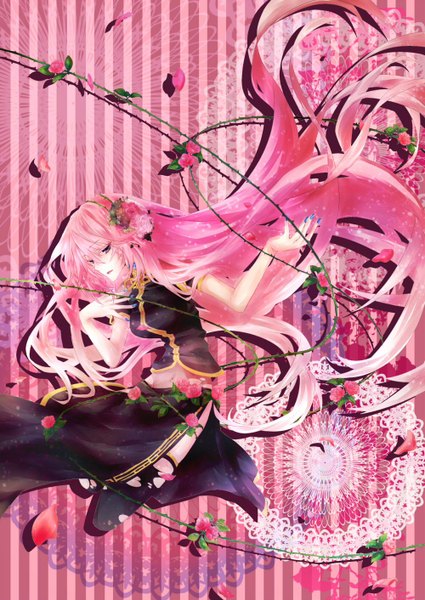 Anime picture 1000x1412 with vocaloid megurine luka single long hair tall image open mouth blue eyes pink hair nail polish hair flower girl thighhighs skirt hair ornament flower (flowers) black thighhighs petals thorns