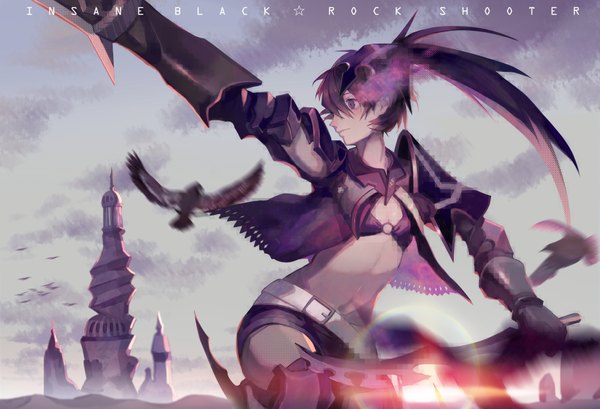 Anime picture 3500x2391 with black rock shooter black rock shooter (character) ryuutsuki basetsu long hair fringe highres black hair smile purple eyes twintails looking away absurdres sky cloud (clouds) sunlight open clothes open jacket bare belly copyright name outstretched arm