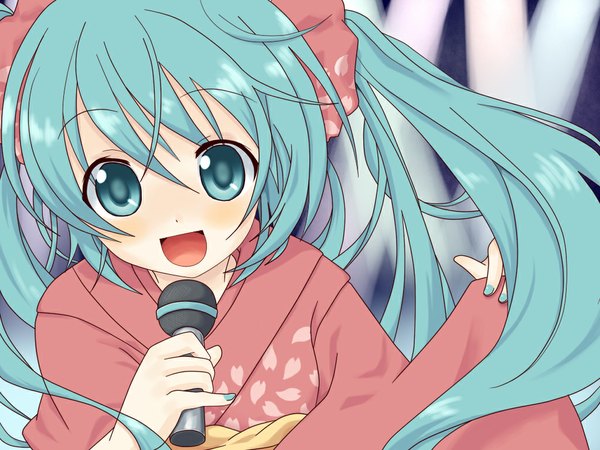 Anime picture 1024x768 with vocaloid hatsune miku kuroton@9610 kitsuki ringo single long hair looking at viewer fringe open mouth hair between eyes twintails holding payot upper body traditional clothes japanese clothes aqua eyes aqua hair singing colored