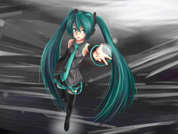 Anime picture 2500x1875 with vocaloid hatsune miku t@kumi long hair highres twintails very long hair aqua eyes aqua hair outstretched arm girl thighhighs skirt detached sleeves necktie
