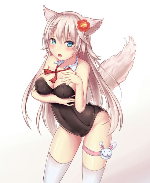 Anime picture 1310x1600 with qurare: magic library rommaring single long hair tall image looking at viewer blush fringe breasts open mouth blue eyes light erotic simple background blonde hair large breasts standing white background animal ears tail animal tail