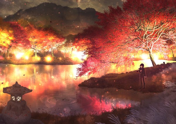 Anime picture 1433x1013 with original kun52 single long hair black hair wind light reflection scenic river autumn nature girl plant (plants) tree (trees) jacket boots scarf leaf (leaves) thigh boots