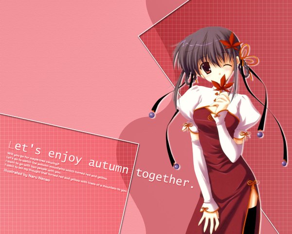 Anime picture 1280x1024 with nanao naru single looking at viewer fringe short hair black hair hair between eyes red eyes standing signed long sleeves text chinese clothes side slit english covered mouth autumn girl dress ribbon (ribbons)