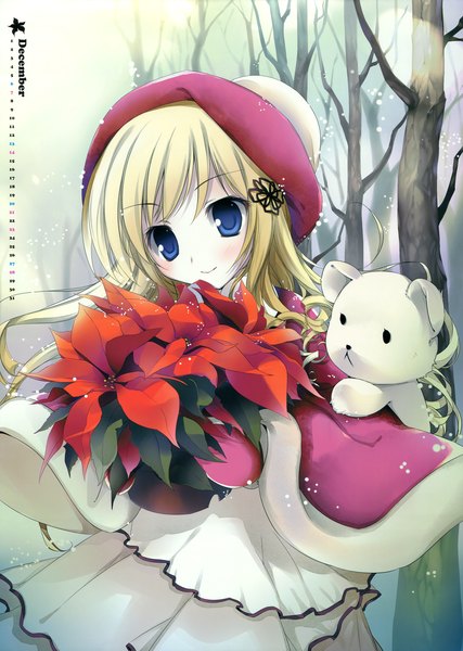Anime picture 4982x7000 with original karory single long hair tall image blush highres blue eyes blonde hair smile absurdres scan official art calendar 2014 girl dress flower (flowers) plant (plants) tree (trees) toy
