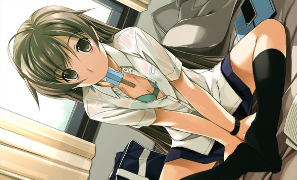 Anime picture 1205x731 with original shikei single long hair looking at viewer light erotic brown hair wide image sitting brown eyes indoors dutch angle no shoes wet clothes partially open clothes wet shirt girl socks food lingerie
