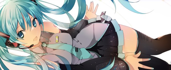 Anime picture 1200x493 with vocaloid hatsune miku lpip single long hair breasts open mouth simple background wide image white background looking away nail polish pleated skirt aqua eyes fingernails aqua hair tattoo zettai ryouiki dark skin girl