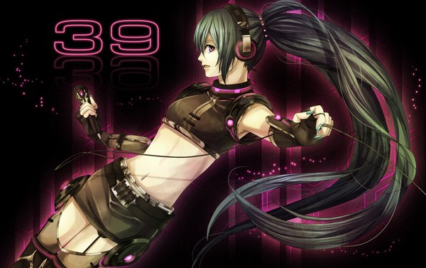 Anime picture 1992x1252 with vocaloid hatsune miku long hair highres ponytail nail polish pink eyes green hair girl skirt miniskirt headphones fingerless gloves microphone wire (wires)