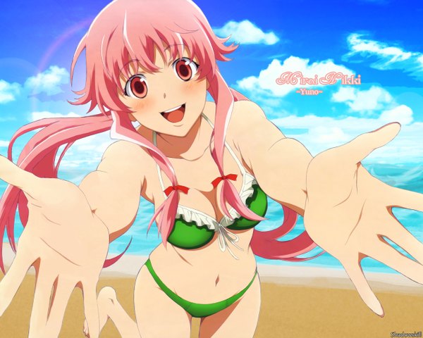 Anime picture 1280x1024 with mirai nikki gasai yuno single long hair blush breasts open mouth light erotic smile red eyes twintails pink hair cloud (clouds) inscription beach low twintails girl navel swimsuit bikini