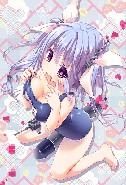 Anime picture 679x1000 with kantai collection i-19 submarine konomi (kino konomi) single long hair tall image looking at viewer breasts open mouth light erotic large breasts sitting purple eyes blue hair ponytail barefoot wariza symbol-shaped pupils girl hair ornament