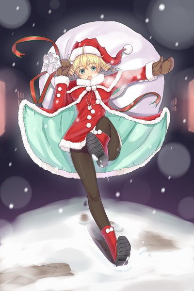 Anime picture 1000x1500 with original kagerou (shadowmage) tall image blush short hair open mouth blonde hair green eyes legs drill hair snowing christmas winter soles merry christmas falling girl pantyhose black pantyhose cape