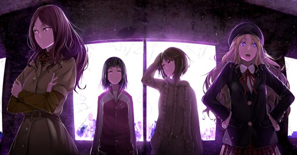 Anime picture 1000x526 with to aru majutsu no index j.c. staff mugino shizuri frenda seivelun kinuhata saiai takitsubo rikou a.q.u.a (artist) long hair short hair open mouth black hair blonde hair brown hair wide image purple eyes multiple girls brown eyes girl uniform school uniform