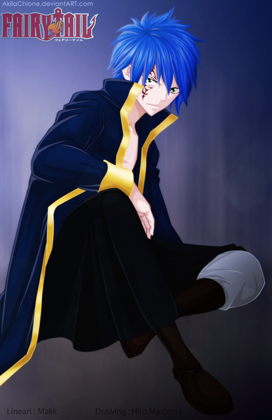 Anime picture 1200x1851 with fairy tail jellal fernandes akilachione single tall image short hair simple background green eyes blue hair inscription coloring face paint boy cloak