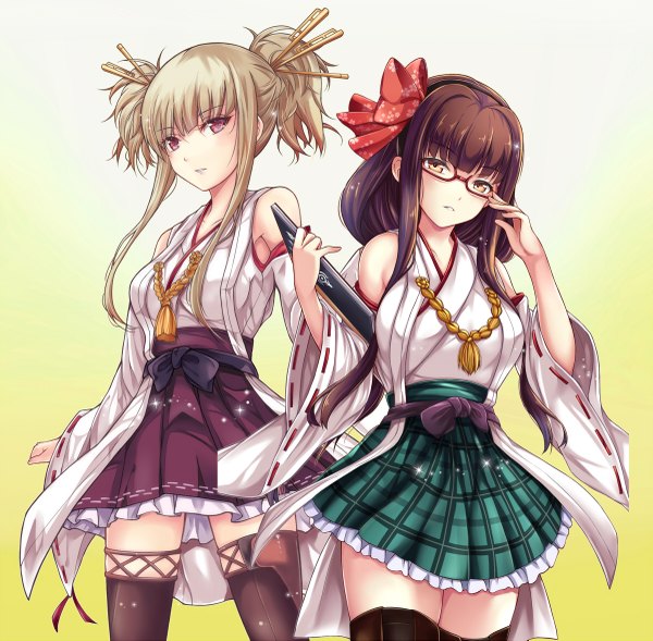 Anime picture 1200x1179 with kantai collection aoki hagane no arpeggio kongou (aoki hagane no arpeggio) hiei (aoki hagane no arpeggio) taka-kun long hair looking at viewer blonde hair red eyes brown hair multiple girls brown eyes hair bun (hair buns) cosplay kongou (kantai collection) (cosplay) hiei (kantai collection) (cosplay) girl thighhighs skirt hair ornament