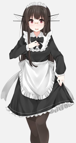 Anime picture 1000x1877 with kantai collection choukai heavy cruiser yukichi (sukiyaki39) single long hair tall image looking at viewer blush fringe open mouth black hair simple background red eyes grey background maid alternate costume girl uniform hair ornament pantyhose