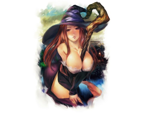 Anime picture 1280x1024 with dragon's crown vanillaware sorceress (dragon's crown) single long hair breasts brown hair large breasts white background brown eyes cleavage realistic witch dress hat detached sleeves witch hat staff purple dress