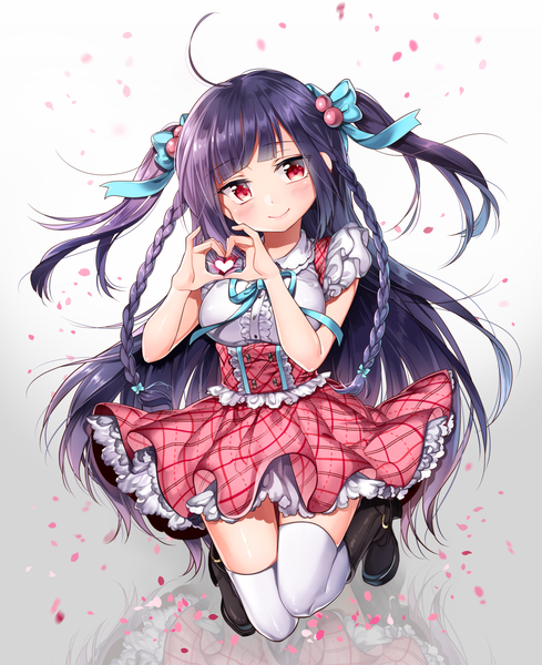 Anime picture 1052x1292 with original yukinokoe single long hair tall image looking at viewer blush red eyes purple hair ahoge bent knee (knees) braid (braids) two side up twin braids reflection jumping plaid knees touching heart hands girl