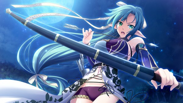 Anime picture 1280x720 with madou koukaku eushully long hair open mouth blue eyes wide image bare shoulders blue hair game cg ponytail pointy ears night girl ribbon (ribbons) weapon hair ribbon detached sleeves moon