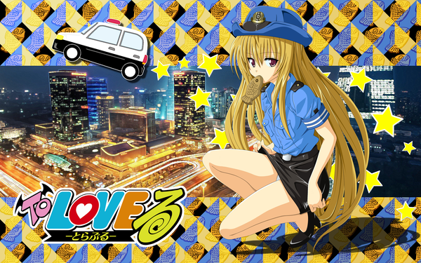 Anime picture 1920x1200 with toloveru toloveru darkness xebec konjiki no yami single long hair highres blonde hair red eyes wide image inscription mouth hold police girl star (symbol) building (buildings) wagashi taiyaki