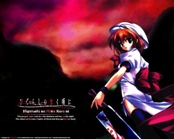 Anime picture 1280x1024 with higurashi no naku koro ni studio deen ryuuguu rena single looking at viewer fringe short hair open mouth blue eyes hair between eyes standing holding signed cloud (clouds) ahoge outdoors looking back from behind orange hair inscription