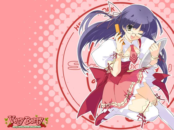 Anime picture 1600x1200 with berry's veryberry (artbook) sasaki mutsumi long hair open mouth purple hair one eye closed wink inscription wallpaper pink background waitress girl thighhighs ribbon (ribbons) white thighhighs glasses wrist cuffs tray phone