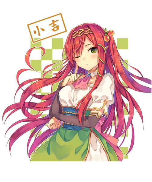 Anime picture 678x809 with original natsu natsuna single long hair tall image looking at viewer blush green eyes red hair one eye closed wink girl dress hair ornament