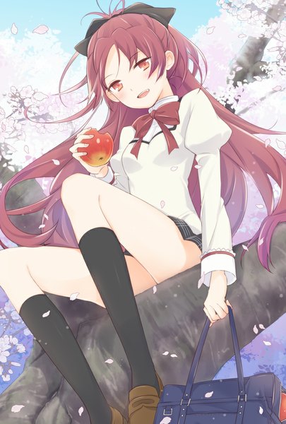 Anime picture 676x1000 with mahou shoujo madoka magica shaft (studio) sakura kyouko atea single long hair tall image looking at viewer blush open mouth red eyes sitting ponytail red hair from below cherry blossoms spring girl uniform bow