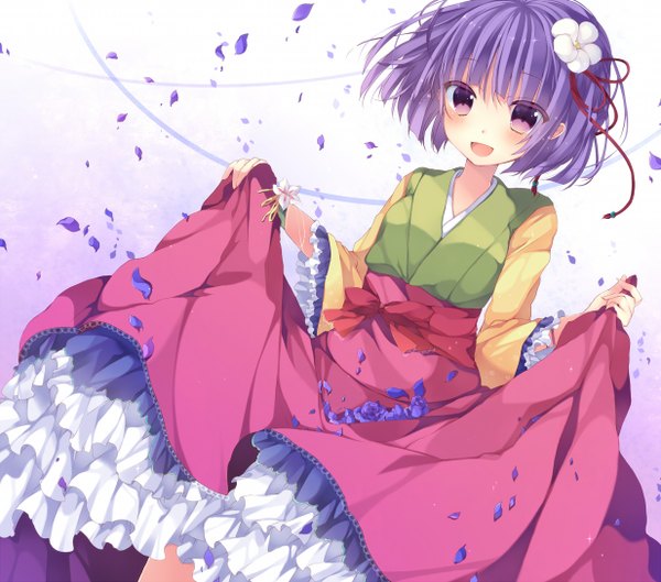 Anime picture 1234x1090 with touhou hieda no akyuu kisaragi kiriha single blush short hair open mouth purple eyes purple hair hair flower girl dress hair ornament petals