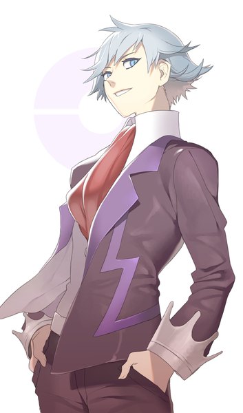 Anime picture 744x1263 with pokemon nintendo steven stone wadani hitonori single tall image short hair blue eyes simple background smile standing white background looking away silver hair hands in pockets boy neckerchief