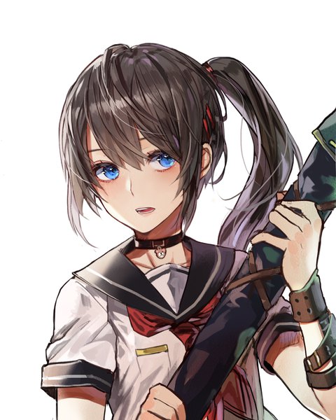 Anime picture 1000x1250 with original kim eb single long hair tall image blush fringe open mouth blue eyes black hair simple background hair between eyes white background holding looking away upper body short sleeves side ponytail girl uniform