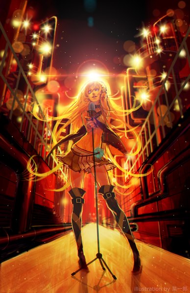Anime picture 3035x4690 with vocaloid lily (vocaloid) sai ichirou single long hair tall image fringe highres light erotic blonde hair holding absurdres sky pleated skirt aqua eyes night midriff night sky groin glowing