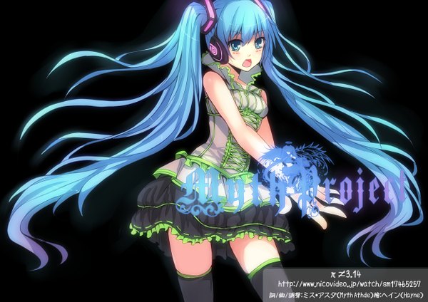 Anime picture 2500x1768 with vocaloid hatsune miku tagme (artist) single blush highres open mouth twintails very long hair aqua eyes aqua hair inscription black background girl thighhighs dress skirt black thighhighs headphones