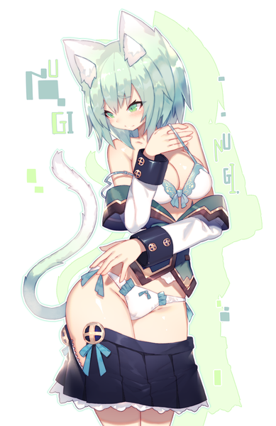 Anime picture 973x1500 with original mamuru single tall image blush short hair breasts light erotic large breasts white background green eyes animal ears looking away tail animal tail green hair cat ears cat girl cat tail undressing