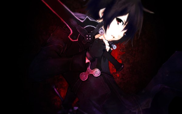 Anime picture 1920x1200 with sword art online a-1 pictures kirigaya kazuto holic single highres short hair black hair wide image brown eyes dark hair boy weapon sword fingerless gloves cloak