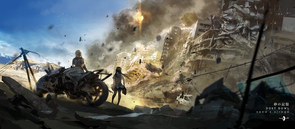 Anime picture 1708x750 with original vanipo (artist) long hair highres black hair blonde hair wide image multiple girls wind back ruins destruction no face desert girl skirt uniform 2 girls school uniform pantyhose