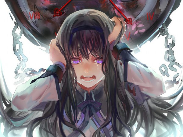 Anime picture 1000x750 with mahou shoujo madoka magica shaft (studio) akemi homura rifsom single long hair looking at viewer open mouth black hair purple eyes tears crying magical girl hands on head girl ribbon (ribbons) hairband chain clock blouse