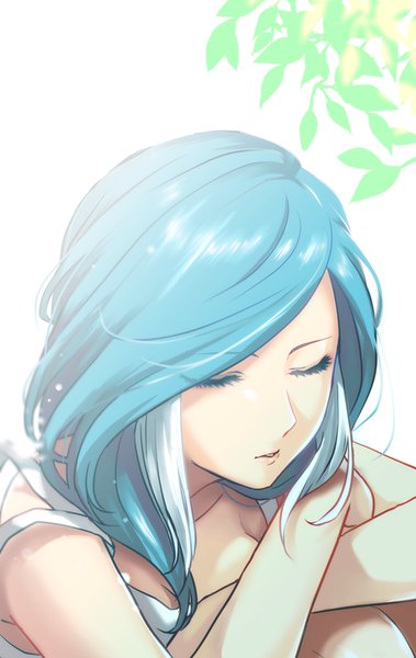 Anime picture 561x888 with inazuma eleven urubida itoko (designcourse) single long hair tall image sitting silver hair eyes closed multicolored hair from above aqua hair two-tone hair streaked hair sleeveless girl leaf (leaves)