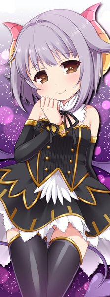 Anime picture 372x1000 with idolmaster idolmaster cinderella girls koshimizu sachiko ringo yuyu single tall image looking at viewer blush short hair light erotic smile bare shoulders brown eyes tail horn (horns) demon tail dark hair girl thighhighs dress