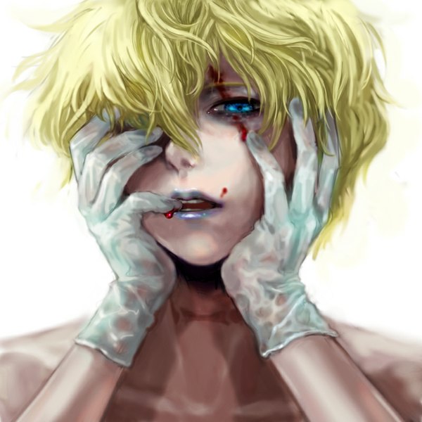 Anime picture 800x800 with shaman king xebec johann faust viii kuroi single looking at viewer short hair blue eyes blonde hair bare shoulders fingernails lips boy gloves white gloves blood