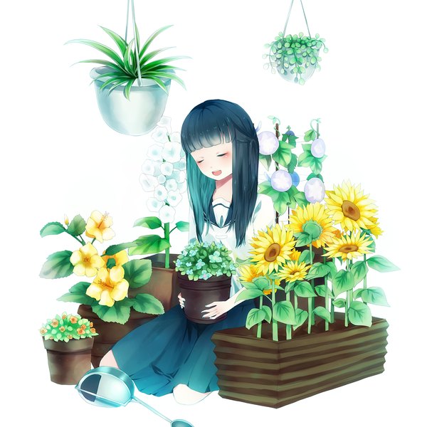 Anime picture 1500x1500 with original kurone roku single long hair open mouth black hair eyes closed girl flower (flowers) plant (plants) sunflower