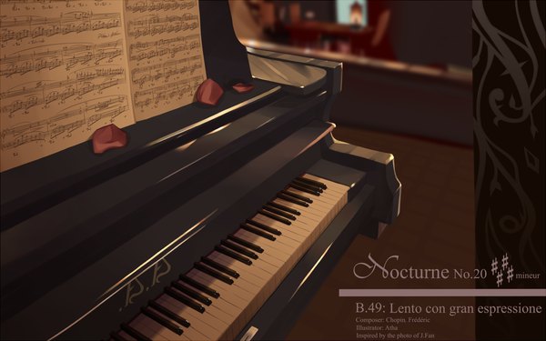 Anime picture 1280x800 with original atha (leejuiping) inscription text no people english petals musical instrument musical note piano