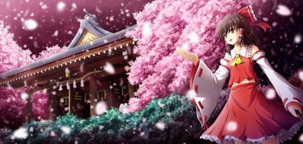 Anime picture 1300x620 with touhou hakurei reimu wide image cherry blossoms girl skirt skirt set