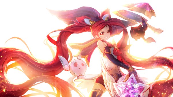 Anime picture 2000x1125 with league of legends jinx (league of legends) star guardian jinx lengchan (fu626878068) renchain single looking at viewer highres simple background smile red eyes wide image standing white background twintails holding red hair very long hair sparkle clenched teeth