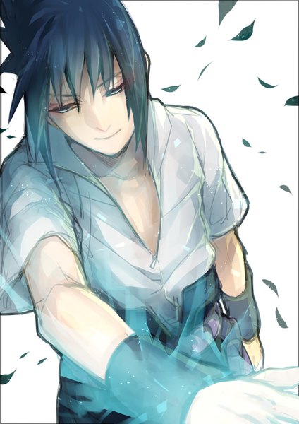 Anime picture 2480x3507 with naruto studio pierrot naruto (series) uchiha sasuke tayuya1130 single tall image highres short hair blue eyes black hair simple background smile white background framed partially open clothes spiked hair boy petals wristlet
