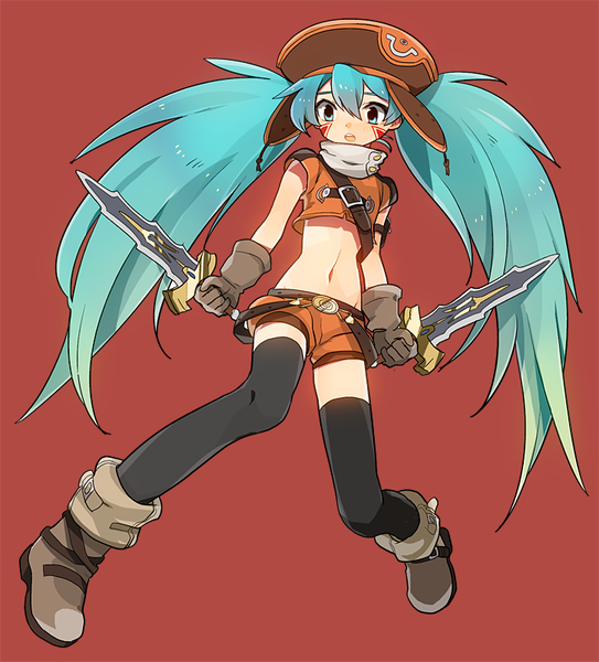 Anime picture 724x800 with .hack// .hack//quantum sakuya (.hack//) dadami single long hair tall image fringe open mouth simple background hair between eyes standing twintails holding looking away full body aqua eyes aqua hair bare belly midriff