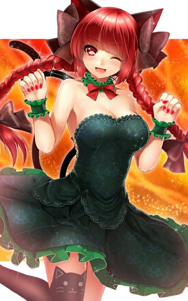 Anime picture 600x960 with touhou kaenbyou rin tsukiriran single long hair tall image blush open mouth smile red eyes bare shoulders animal ears bent knee (knees) red hair tail braid (braids) nail polish animal tail one eye closed wink