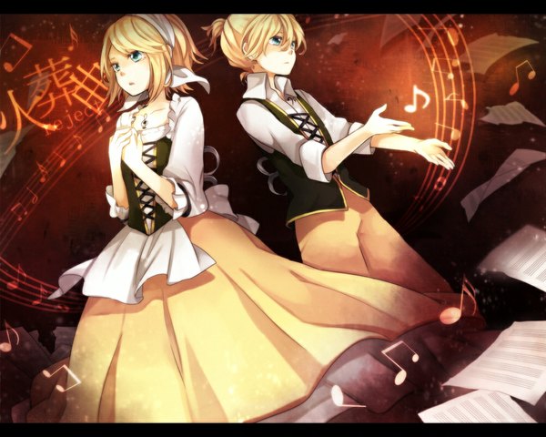 Anime picture 1000x800 with vocaloid cremation melody (vocaloid) kagamine rin kagamine len tama (songe) short hair blue eyes blonde hair letterboxed girl dress boy skirt miniskirt paper musical note