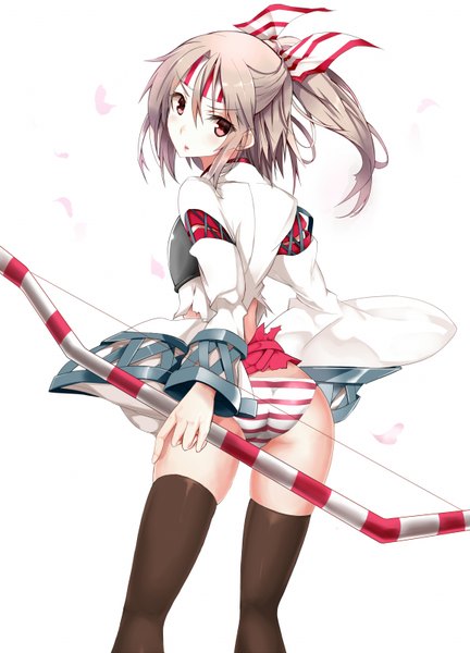 Anime picture 1152x1600 with kantai collection zuihou light aircraft carrier kurume shou single long hair tall image looking at viewer blush light erotic simple background brown hair white background ponytail looking back torn clothes turning head girl thighhighs underwear panties