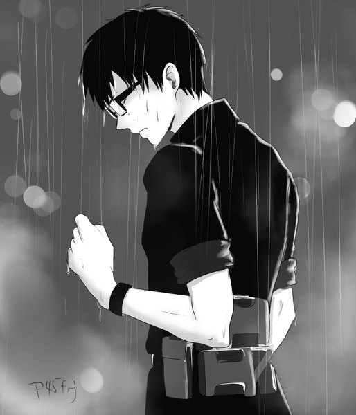 Anime picture 3543x4134 with ao no exorcist a-1 pictures okumura yukio p45fmj single tall image fringe highres short hair black hair signed absurdres profile lips wet monochrome rain twisty sleeves boy glasses